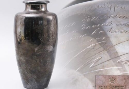 【SILVER刻】勝洲刻 山水楼閣図彫 銀花瓶 重量700ｇ