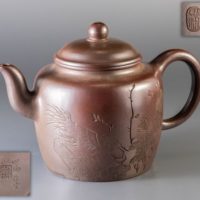 中国煎茶道具 許四海造 花鳥升官図刻紫砂急須