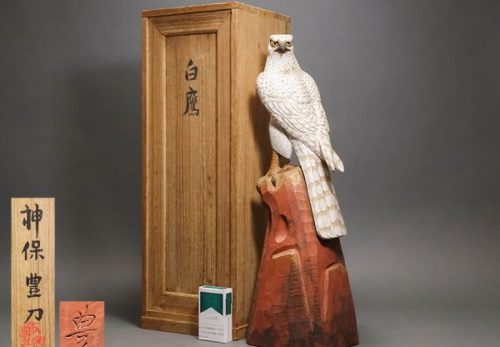 彫刻家 神保豊刀「白鷹」木彫彩色 置物