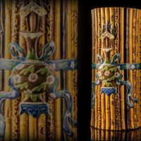 中国美術 黄釉 色絵壷装飾 竹束形 花瓶