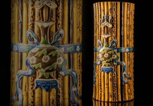 中国美術 黄釉 色絵壷装飾 竹束形 花瓶