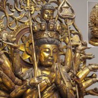 仏教美術 金彩! 木彫 千手観音像
