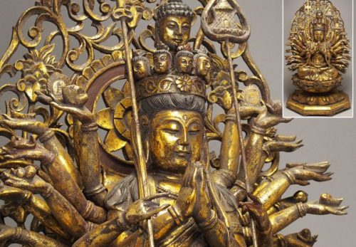 仏教美術 金彩！ 木彫 千手観音像