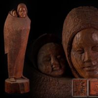 【彫刻家 瀧口政満作 希少作品一挙に出品】木彫「母と子」アイヌ彫刻