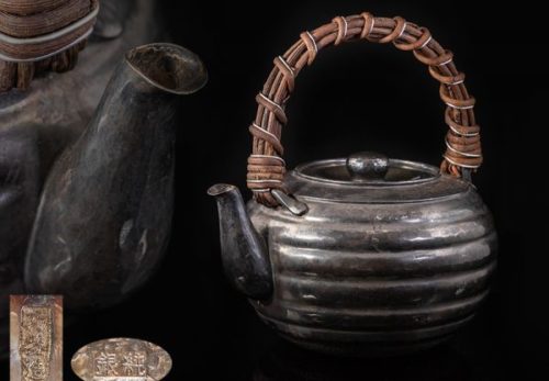 【純銀刻】巧益造 籐編提手 銀瓶 重量305g 合箱