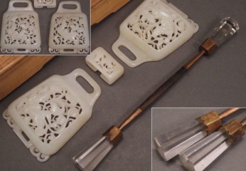 中国美術 白玉彫 獣図透細工 バックル・硝子簪