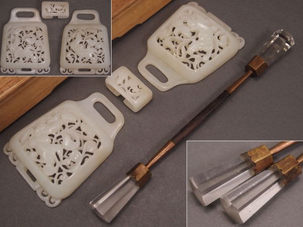 中国美術 白玉彫 獣図透細工 バックル・硝子簪