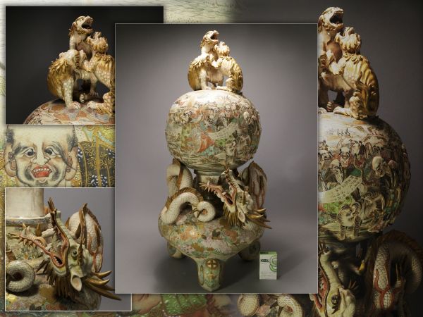 博物館級◆時代薩摩焼 羅漢図金襴手 獅子蓋龍巻大香炉