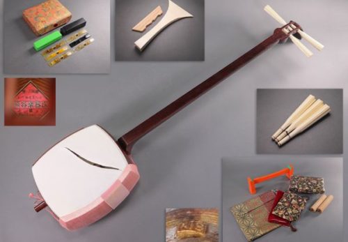 和楽器 熊谷楽器店 三味線 トチ目紅木中棹 二本溝 金細 金具K18刻 綾杉胴 ケース付属