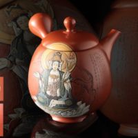 常滑名人 吉川雪堂作 壷堂刻「普賢菩薩」漢文彫朱泥彩色細密画急須