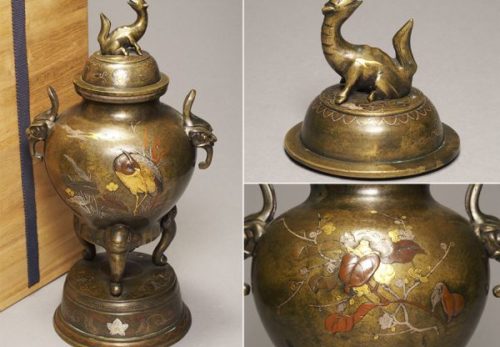 金四分一赤銅象嵌花鳥図 古銅双耳香炉