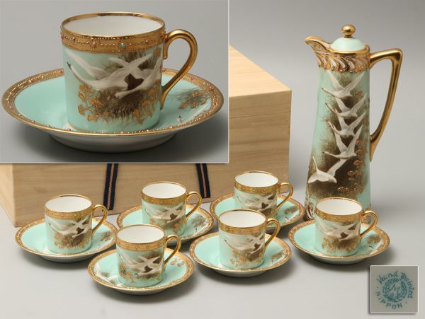 オールドノリタケ hand painted nippon 「M」金彩白鳥図 コーヒーポット・デミタスカップ６客セット