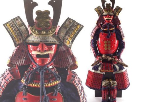 武具 光忍作 六文銭前立八間星兜 鉄地面頬 赤備え六文銭等身大甲冑 鎧櫃付属