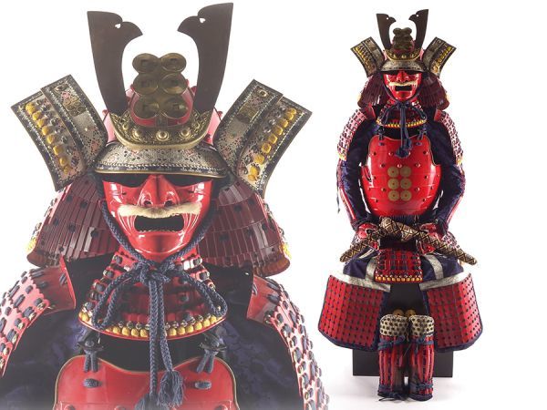 武具 光忍作 六文銭前立八間星兜 鉄地面頬 赤備え六文銭等身大甲冑 鎧櫃付属