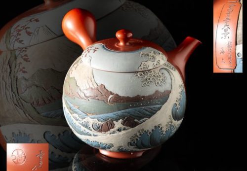 常滑名人 吉川雪堂作 壷堂刻「富士三十六景 駿河薩夕之海上」朱泥彩色細密画急須