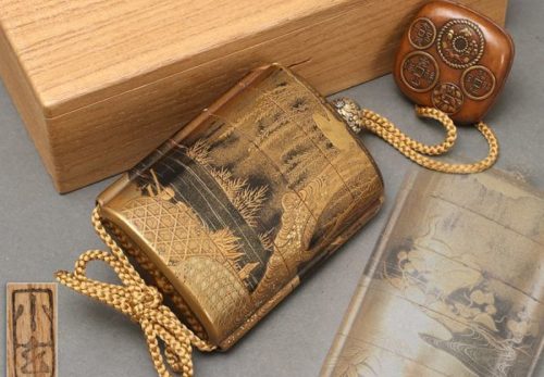 提げ物 内梨地 柳蒔絵 五段 印籠 古銭文根付付属 箱付属