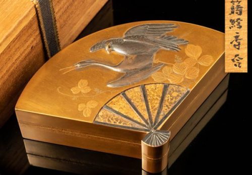 茶道具 内梨地 鳥蒔絵 扇形 香合