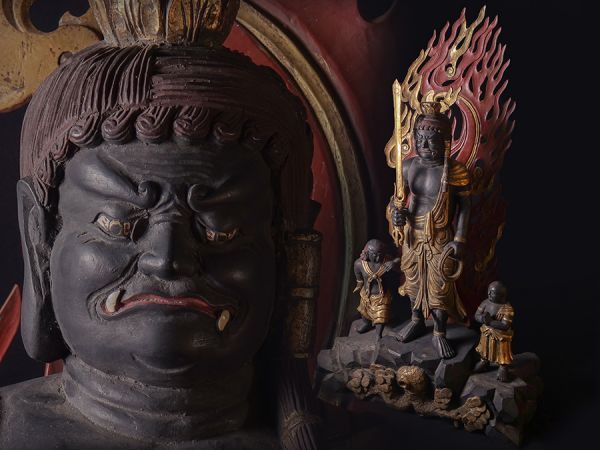 木彫 金彩色 不動明王二童子立像