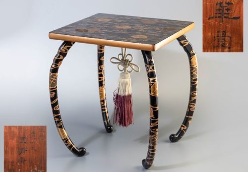 漆器 黒塗 亀蒔絵 花台 高さ32.0cm 房飾り付属 合箱