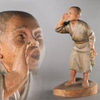 彫刻家 佐伯量良作 木彫彩色「山びこ」少年像