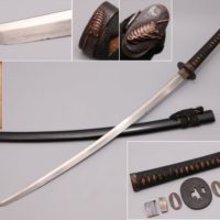 武具 刀 無銘 刃長67cm 反り2.1cm 白鮫肌蝦図縁頭目貫 鉄地片櫃鍔 拵え