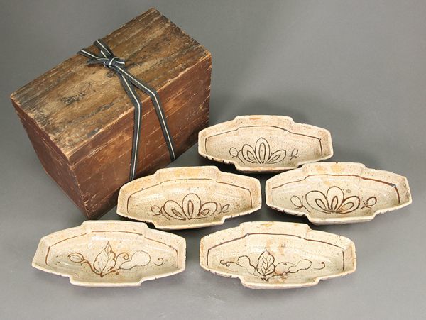 時代茶道具 織部 舟形 向附 五客 合箱