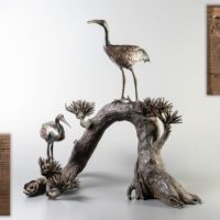 鋳金師 高村曉光作 銀四分一銅 老松双鶴置物