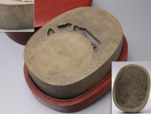 書道具 山水楼閣図彫 池形墨池 端渓硯 重量3.7kg 唐木蓋台座付属