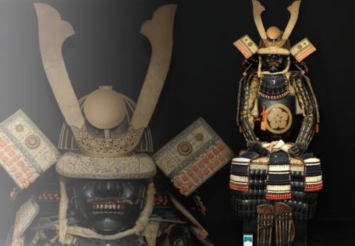 等身大甲冑 鉄地面頬 丸に桔梗紋胴 丸に桔梗紋鎧櫃付属