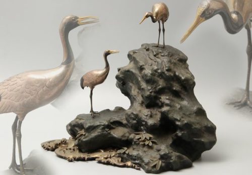 時代金工美術 銀鶴 古銅台座 岩上鶴