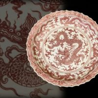 中国美術 明代 釉里紅 龍紋大皿