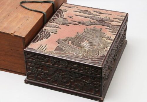 中国美術 堆黒 堆朱 山水楼閣図 文箱 / 漆芸漆器書画墨水滴文鎮筆置文房四宝