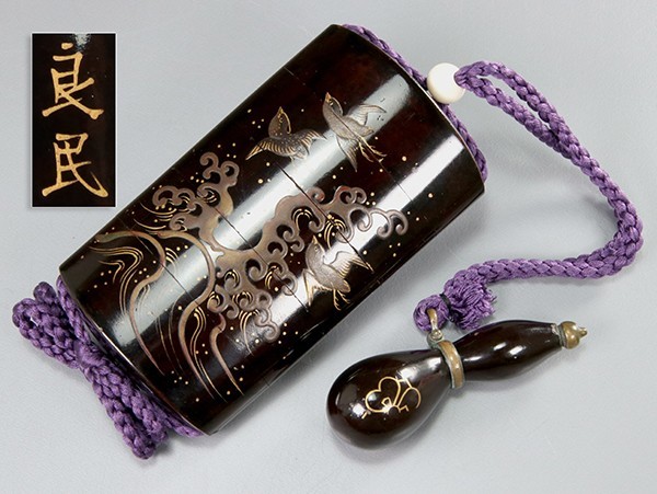 提げ物 良民銘 鳥波蒔絵 五段 印籠 剣片喰紋蒔絵 瓢箪根付 緒締