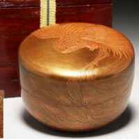 【川口虚舟】作 朱塗金彩 鳳凰高蒔絵 螺鈿細工 平棗