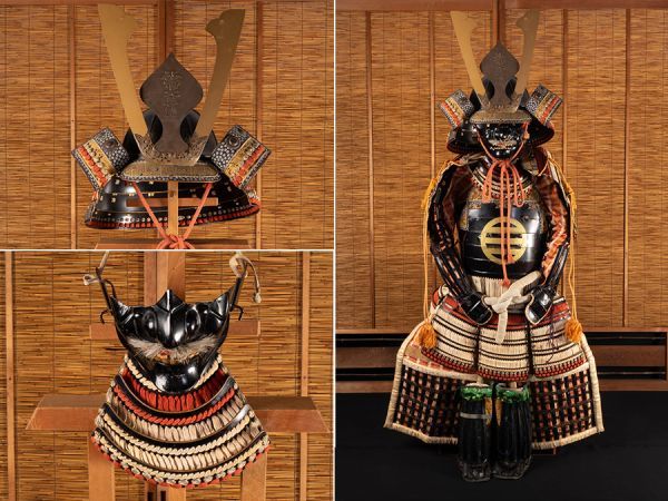 【等身大甲冑】藩大菩薩前立兜 内朱黒塗鉄地面頬 黒塗丸に三つ引き紋胴 鎧櫃付属