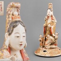 【豪華絢爛】大日本薩摩國 壽官山陶器 沈壽誠製画 巴里博覧會 金襴手 紋様入 龍唐子装飾 観音像 高さ34.0cm 合箱