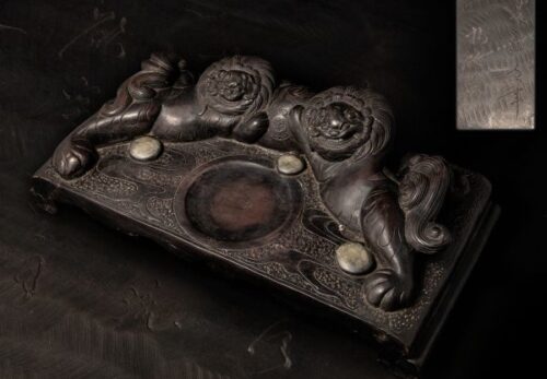 書道具 獅子戯玉雲図裏面漢詩彫 端渓大硯 幅53cm 重量21.1kg