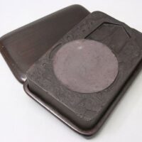 中国書道具 端渓硯 蓮図彫 四方硯 重量2.1kg 唐木台蓋付属