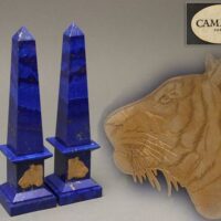 【本物補償ラピスラズリ】フランス製 CAMMEO カメオ 虎図 置物 一対 総重量2604g