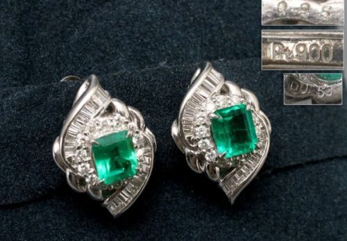 Pt900刻 脇石ダイヤ 緑石 プラチナ イヤリング 総重量11.74g