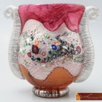 【黒木国昭】作 金銀彩象嵌 花図 耳付花瓶