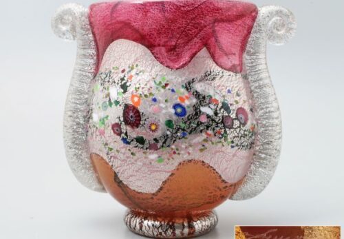 【黒木国昭】作 金銀彩象嵌 花図 耳付花瓶