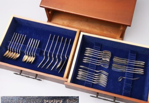 【STERLING SILVER刻】ヤマカツ 銀製カトラリー スプーン フォーク バターナイフ 収納ケース付属 / 銀器シルバー