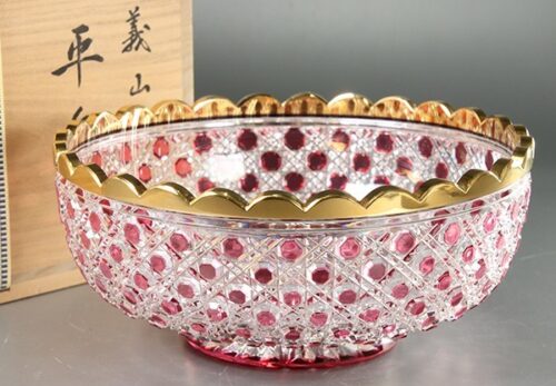 茶道具 関根悦子造 義山 平水指 合箱 / 茶室茶器茶碗建水差釜切子硝子工芸師・須田富雄ギヤマンガラス