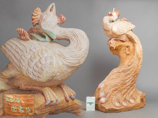 【大作！彫刻家 森野圓象作】木彫彩色 鳳凰 置物 高さ73.0cm