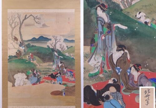 【葛飾北斎】花見之図 着彩 紙本 軸装 大幅 合箱