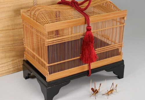 竹工芸【熊谷竹細工店】竹編 虫籠 虫細工 塗台座 箱付属