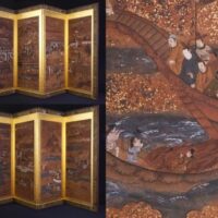 時代物 人物風景合戦図 古画 紙本 着彩 金屏風 六曲一双