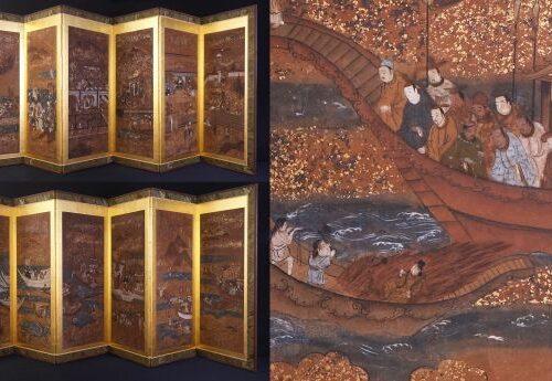 時代物 人物風景合戦図 古画 紙本 着彩 金屏風 六曲一双