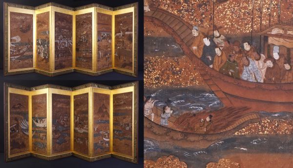 時代物 人物風景合戦図 古画 紙本 着彩 金屏風 六曲一双